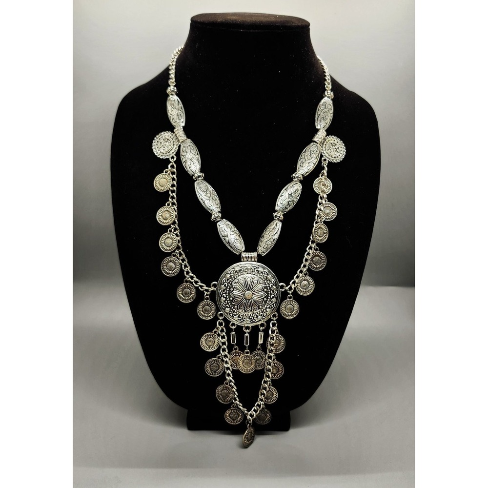 Boho Tribal Layered Statement Choker Necklace Adjustable Silver Tone Coin